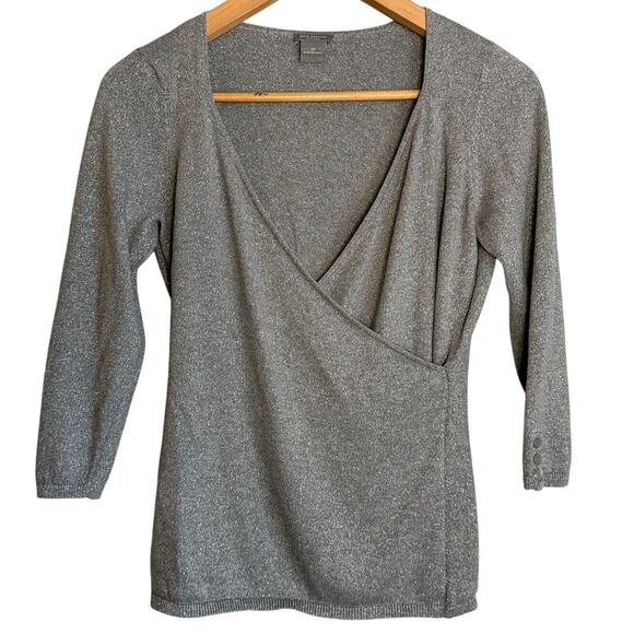 Ann Taylor Knit Wrap Blouse Women's Petite Small Metallic Gray - Picture 1 of 7
